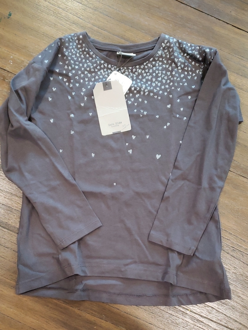 Zara Brown Long Sleeve Tee with Silver Heart Print